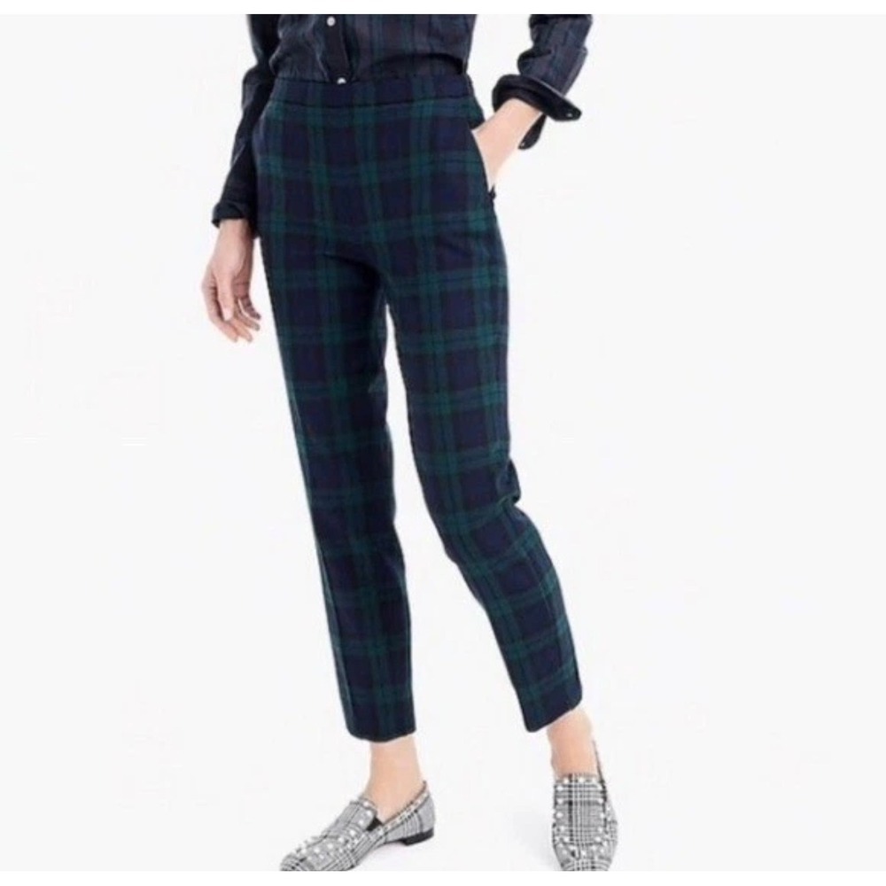 J.Crew Martie Black Watch Plaid Stretch Wool Blend Crop Pants Size 2 Green Ankle